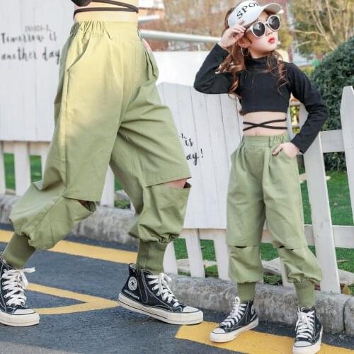 Fashion Girls Cargo Pants 2021 Kids Clothes Girls 4-13Y Spring Child Loose Trousers Cotton Solid Ripped Hole Pocket Casual Pants