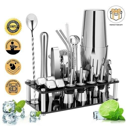 High End 23PCS Cocktail Shaker Set Bartender Bartending Kit Stainless Steel Wine Drinks Barware Set Home Drink Party Bar Tools
