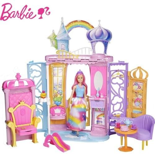 New Barbie Doll Rainbow Castle Toy Set Shiny Holiday House Children Kids Toys for Girls FRB15