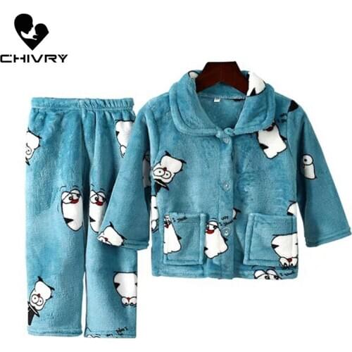 New 2020 Kids Boys Girls Autumn Winter Flannel Warm Pajama Sets Cartoon Print Lapel Tops with Pants Sleeping Clothing Sets