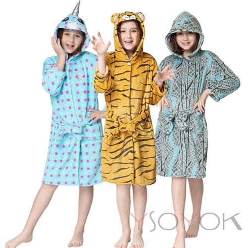 New Children Bath Robe Baby Towel Childrens Unicorn Hooded Bathrobes for Boys Girls Pajamas Kids Sleepwear Bath Robes Tiger