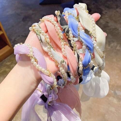 New Girls Fashion Pearl Streamer Headband Simple Elegant Temperament Silk Scarf Ribbon Headband Headgear Hair AccessoriesJA200