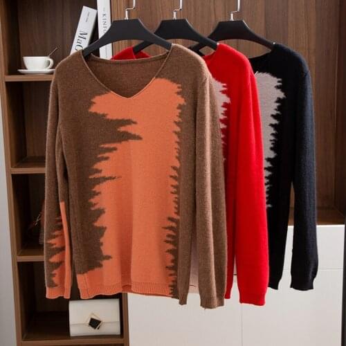 Autumn Winter New 100% pure Wool Sweater Women Keep Warm V-neck Pullovers Knitting Sweater Fashion Korean Long Sleeve Loose Tops