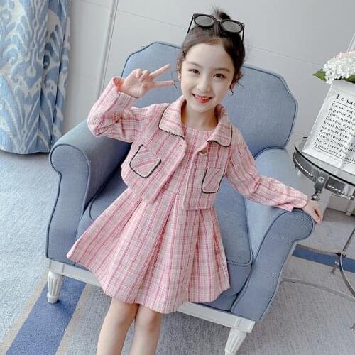2Pcs Autumn Winter Party Kids Clothes For Baby Girl Fashion Plaid Coat + Sleeveless Dress Outfits Suit Toddler Girl Clothing Set