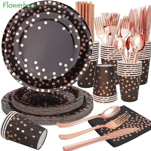 Rose Gold Dot Bronzing Party Supplies Disposable Dinnerware Set Plates Napkin Cup Knifves Forks Spoon Birthday Party Baby Shower