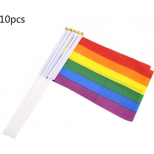 10 pcs 14 * 21 cm Hand-operated Rainbow Flag Mini Small Rainbow Flags Easy Hold Flag With Flagpoles for Rainbow Pride