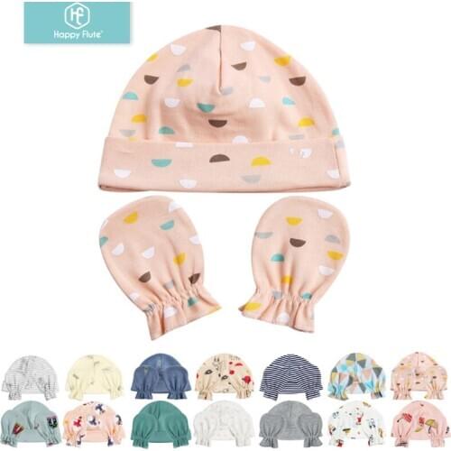 Happy Flute Newborn Baby Unisex Winter Warm 3-Piece Set Of Baby 100% Cotton Scratch Mitten Caps Mittens