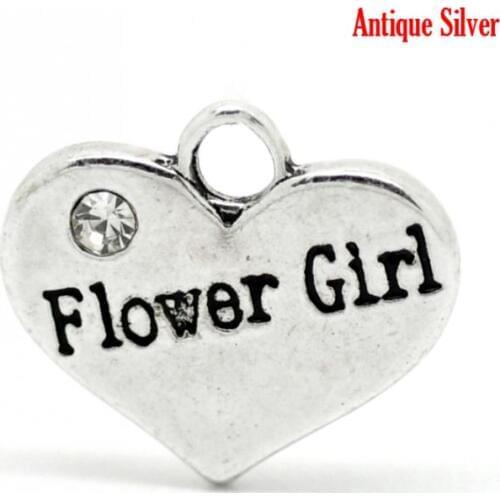 DoreenBeads Silver Color Rhinestone "Flower Girl" Heart Charms Pendants 16x14mm(5/8"x1/2"),sold per pack of 20