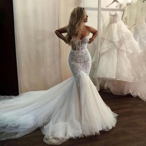 YIWUMENSA Elegant Strapless Mermaid Wedding Dresses Illusion Puffy Tulle Appliques Trumpet Ivory Bridal Gowns Suknia Slubna