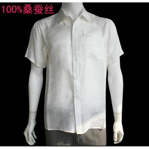 L-3xl Hot Summer New Short-sleeved Silk Shirt Thin 100% Silk Business Casual Silk Shirt Mens Dress Shirts Slim Fit Men Clothing
