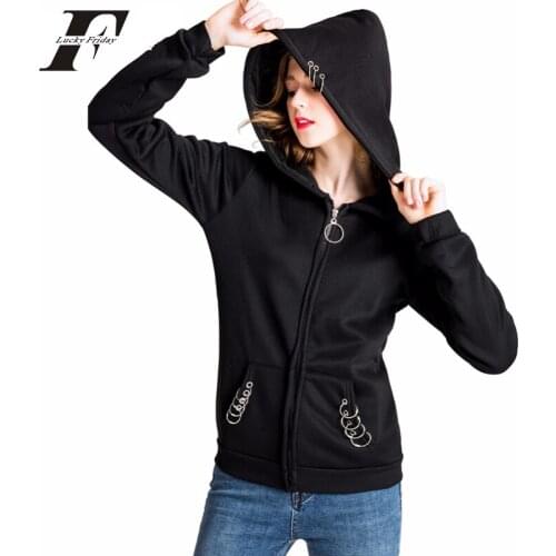 Gothic Punk Iron Ring zipper hoodies Sweatshirts women Autumn Winter streetwear cotton Long Sleeve Black Jacket Ladies Coat kpop