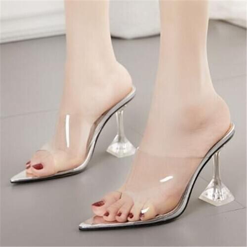 Women sandals PVC Slip On 10cm Thin Heels High heels Pointed Toe Shallow zapatos de mujer women shoes size 35-42 Beige Silver