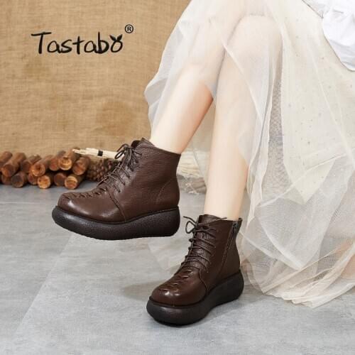 Tastabo Retro texture booties vintage Womens nude boots Black Brown S3090 Casual style Abrasion-resistant platform shoes 35-40