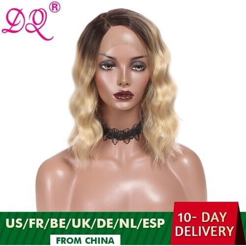 DQ Natural Wave Synthetic Lace Front Wig Synthetic Wig for Women Short Bob Wig Cosplay Wigs Ombre Blonde Green Purple Brown Wig