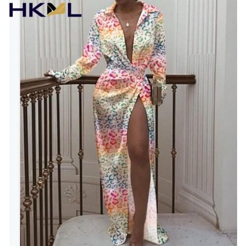 Autumn Women Elegant Sexy Deep V High Slit Shirt Dress Fashion Patchwork Pattern Printed Long Dresses Ladies Party Dress Mujer