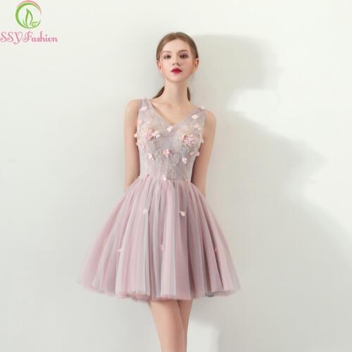 SSYFashion New Cocktail Dresses Sweet Pink Lace Appliques Beading A-line V-neck Short Formal Party Gown Bride Dresses Custom