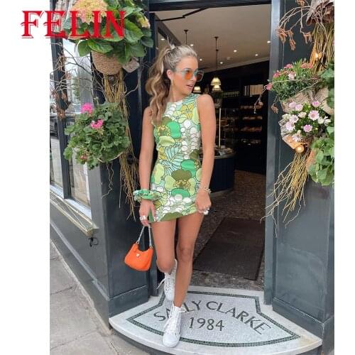 Women Summer Za Dress 2021 High Street Green Plant Print Slim Vintage Cami Mini Dress Elegant Stylish Party Mujer Vestidos