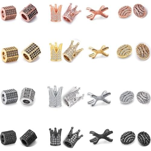 3pcs/lot Copper Micro Pave Zircon Crystal CZ Geometry Crown Helmet Loose Spacer Beads for Charm Jewelry Making DIY Men Bracelet