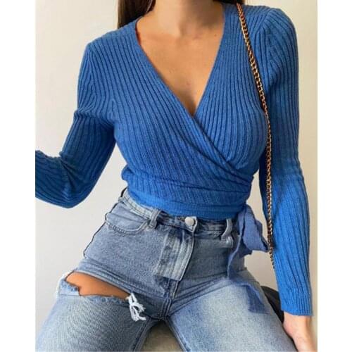 70% Dropshipping!! 2021 Women Sweater Ribbing V Neck Autumn Winter Long Sleeve Bandage Knitted Top Streetwear