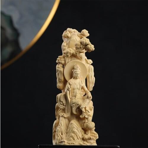 Boxwood 18cm Guanyin Sculpture Wood Buddha Statue Guan Yin Worship Collection Home Decor
