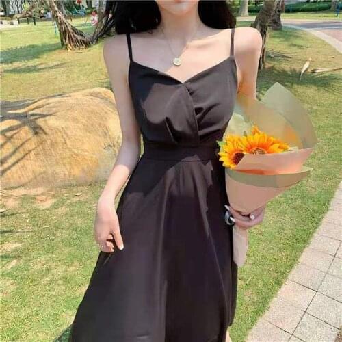 Black Sling Long Dress Women 2021 Summer Sundresses Vintage Elegant Backless Sexy Mori Girl Ladies Party Dresses for Women