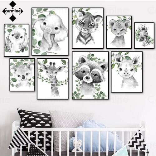 Grey Green Wall Art Painting Modern Cartoon Animals Picture Wall Decor Lion Panda Giraffe Lovely Poster and Print Decor Babyroom