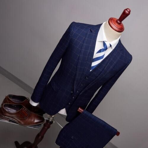 Classic 3 Pieces Jacket Pants Vest Men Suits 2020 Slim Fit Plaid Groom Wedding Dress Formal Business Fashion Party Dress Male