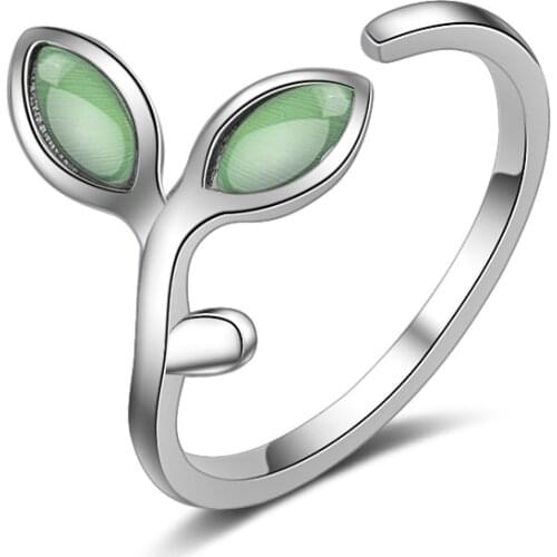 MOONROCY Silver Color Open Rings Green Opal Leaves Jewelry Vintage Cute Party Ring for Women Gift Dropshipping Wholesale
