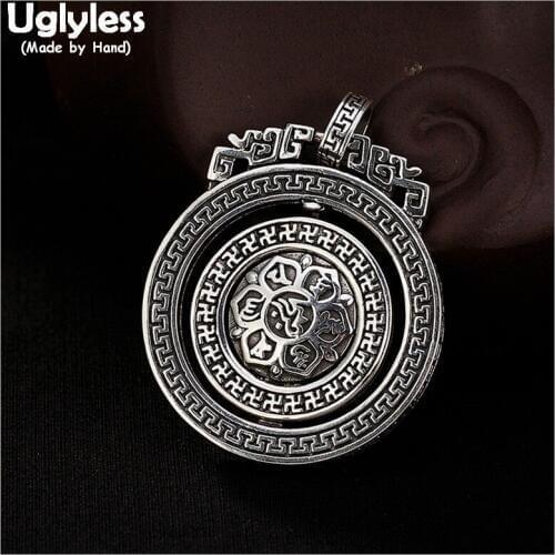 Uglyless 100% Real Solid 925 Silver Thai Silver Buddhism Mantra Pendants Necklaces No Chain Spinning Pendant Unisex Fine Jewelry