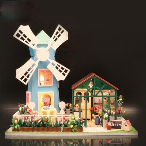 Miniature Doll House 3D Hand-Assembled Wooden House DIY Wooden House Amsterdam Wind Car Flower House Toy Music Box Gift for Kids