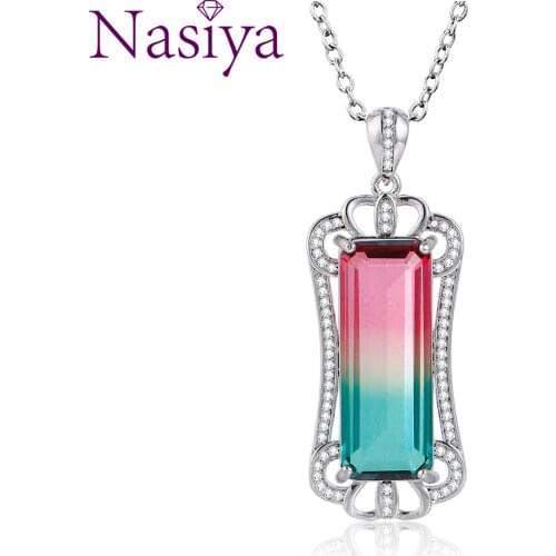 Silver Pendant Necklace Large Rectangle 10*26 AAAAA Color Tourmaline Zircon Pendant Necklace Gemstone Charm Necklace Jewelry