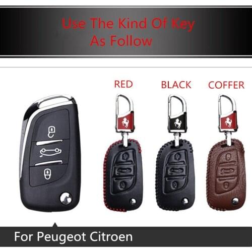New Embossing logo Car Remote Control Key Leather key bag holder For Peugeot 306 407 408 Keychain For Citroen C2 C4 hand sew