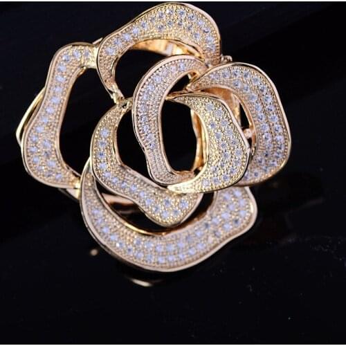 OKILY Delicate Gold Zircon Rose Flower Brooches Fashion Shawl Scarf Clip Pin Jewelry for Women Coat Dress Corsage Accessories