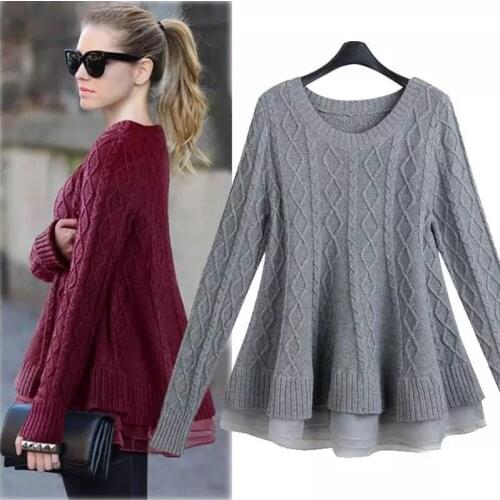 Autumn Plus size Womens Patchwork Knit Sweater Vintage Loose O neck Long-sleeved Knitting Solid Casual Female Warm Pullovers