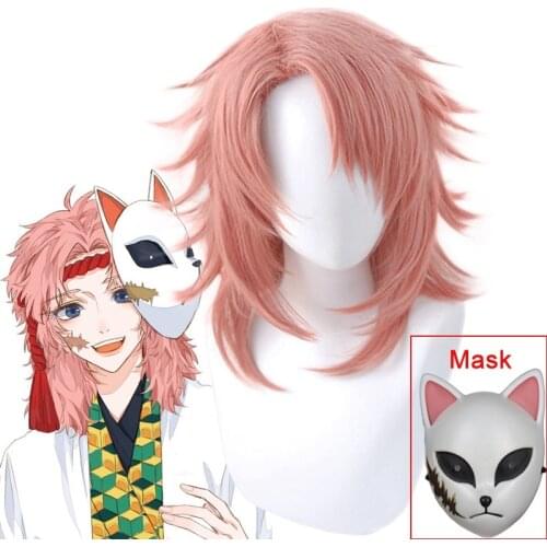 Sabito Cosplay Wig Demon Slayer: Kimetsu no Yaiba Fox Mask Halloween Party Synthetic Pink Short Hair Costume Accessories Wig