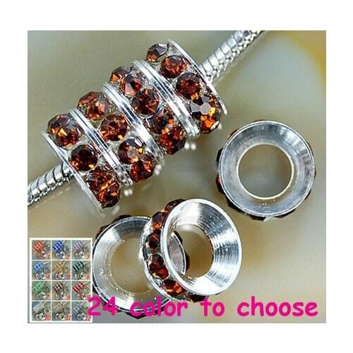 Hkn8on Gift 10mm Deep Yellow Rhinestone Crystal Rondelle Spacer Beads Lot,Rhodium Plated Big Hole European Beads