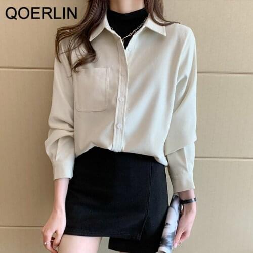 QOERLIN Pocket Button Up Shirt Loose Casual Corduroy Shirt Jacket Long Sleeve Womens Blouse Plus Size Spring Autumn Tops Shirts