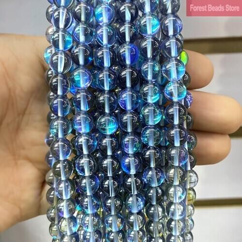 Gray Glitter Moon Stone Austria Crystal Synthetic Round Beads for Jewelry Making 15" Strand 6 8 10 12MM DIY Bracelet Necklace