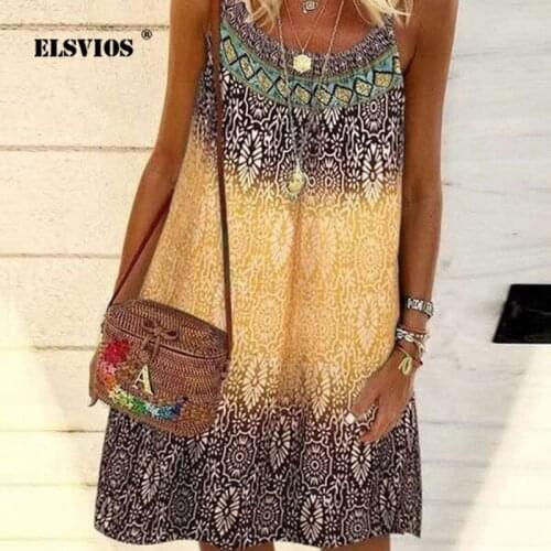 ELAVIOS Vintage Print Chiffon Dress Summer Spaghetti Strap Off Shoulder A-line Dress 2021 New Women Casual O Neck Party Dresses