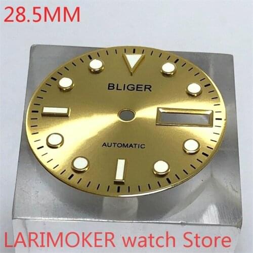 Bliger sterile 28.5mm dial date, suitable for MH36 case core, sports mens watch dials parts gold