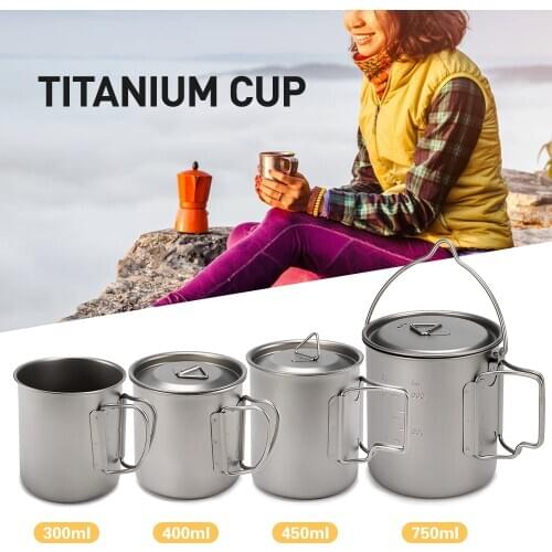 Ultralight Titanium Cup Outdoor Portable Mug Camping Supplies Picnic Water Cup with Foldable Handle 300ml/ 400ml / 450ml / 750ml
