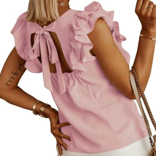 Women Ruffled Short Sleeve T Shirts Sexy Hollow Out Backless Tie-Up Bow Pullover Tops Solid Color Casual Loose Blouse