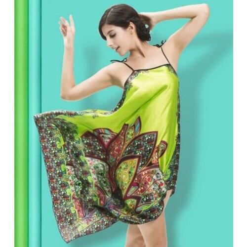 Sexy Fresh Summer Female Sexy Faux Silk Nightgown Ladies Female Printed Flower Sleepwear Nightwear Women Clothings Nightdress