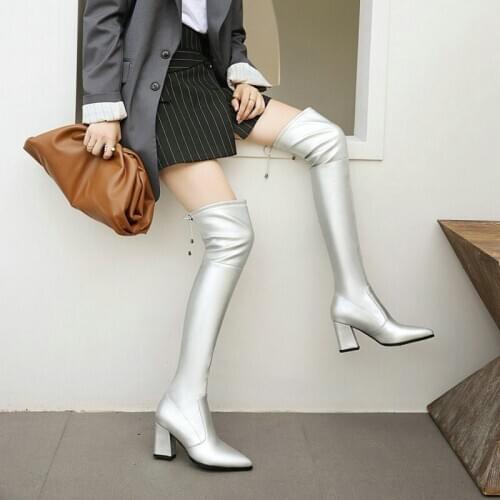 2020 winter block high heels sexy booties PU stretchy overknees boots womans shoes women over-the-knee boots big size 33-46