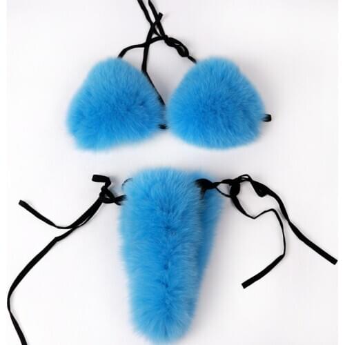 Women real fox fur sexy bikini sets lady fur bikini bra detachable