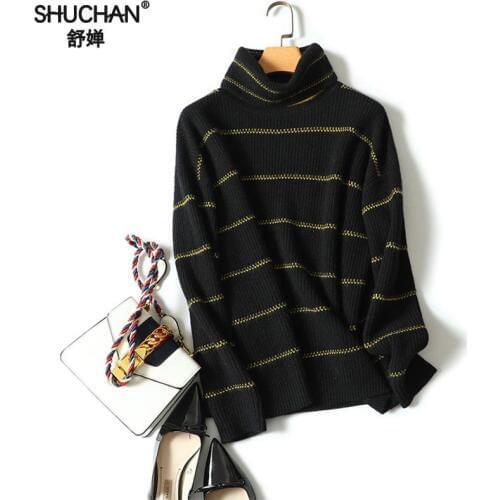 Shuchan Women Winter Sweater 2018 Thick Winter Striped Sweaters Turtleneck Pullover Knitting 100% Cashmere Knitted Pink Tops