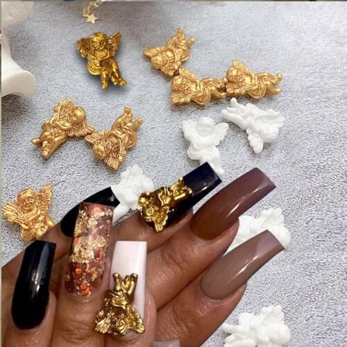 10pcs/Lot 3D Angel Nail Art Charms Retro Gold/White Rhinestones Decoration Glitter Jewelry Acrylic Manicure Accessories