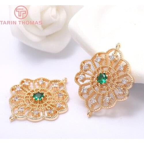 4PCS 20x23MM Hole 1MM 24K Gold Color Brass with Zircon Flowers Pendants Charms High Quality Diy Jewelry Findings Accessories