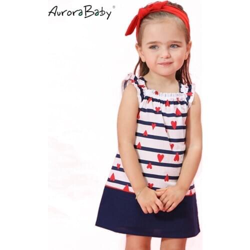 0-4Y Baby Girls Kids Dresses cotton 2016 summer Lovely Cute Red heart Blue Striped Dress Sleeveless Childrens Clothing