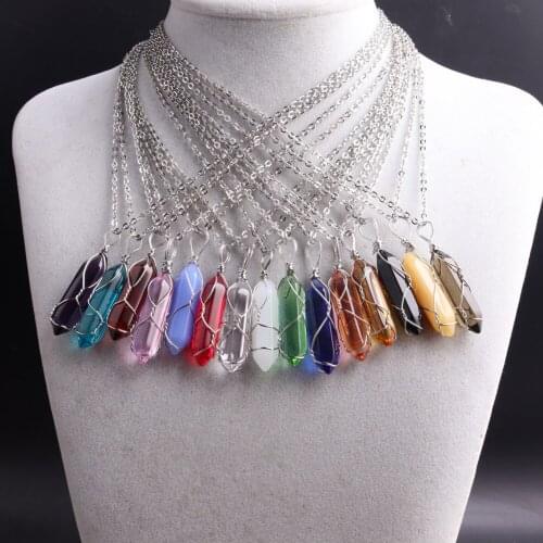 50PCS Wire Wrap Jewelry Glass Pendants For Women Making Necklace Choker Hexagonal Column Healing Chakra Pendulum